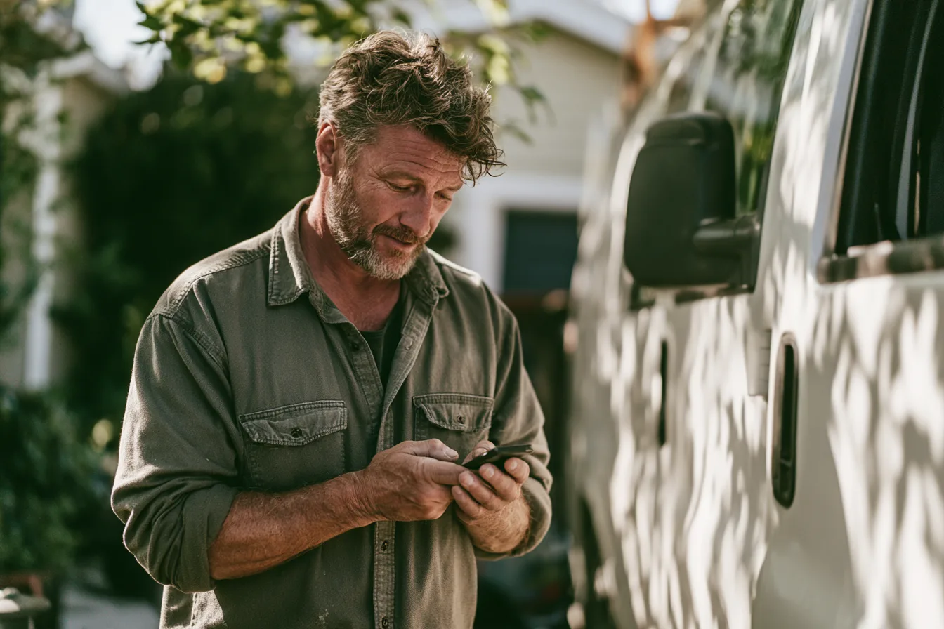 A tradesman standing beside his truck, checking his phone