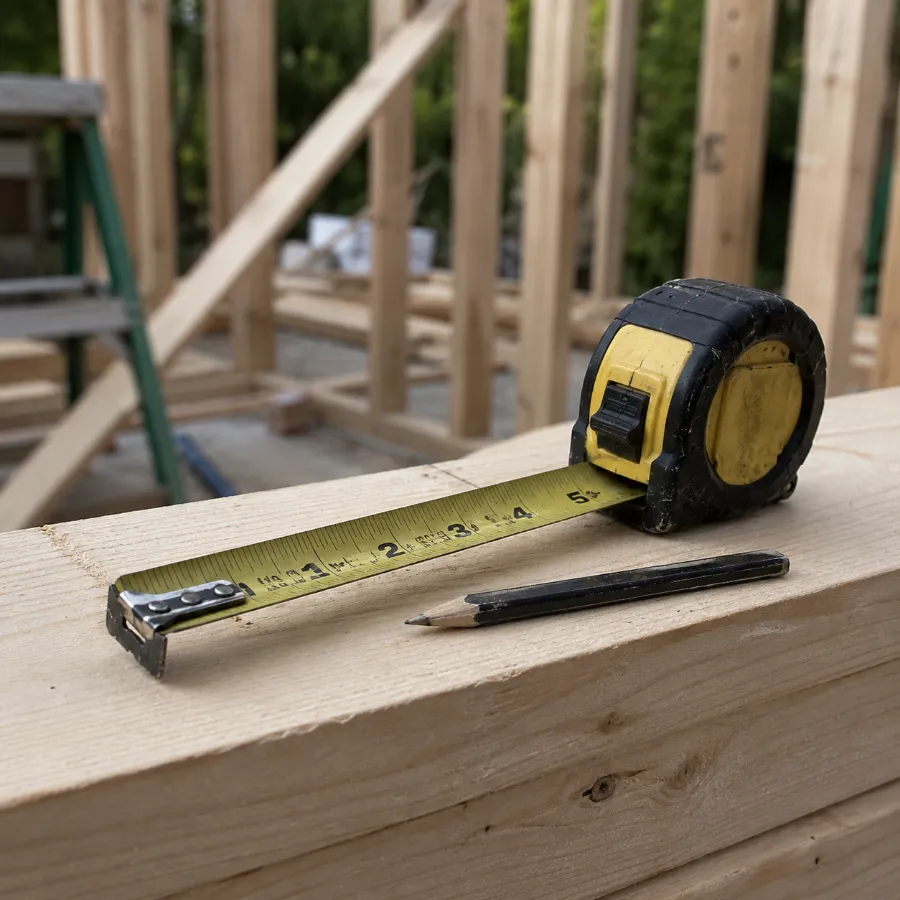 A tape measure and carpenter's pencil on a framing beam at a job site