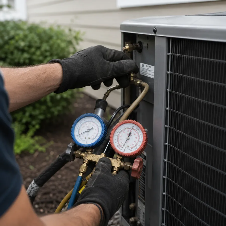An HVAC technician checking refrigerant pressures at an outdoor condenser unit