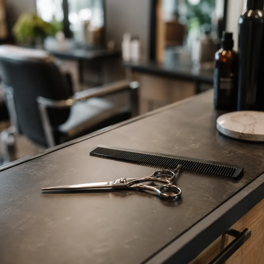 Shears and a comb on the counter of a salon station